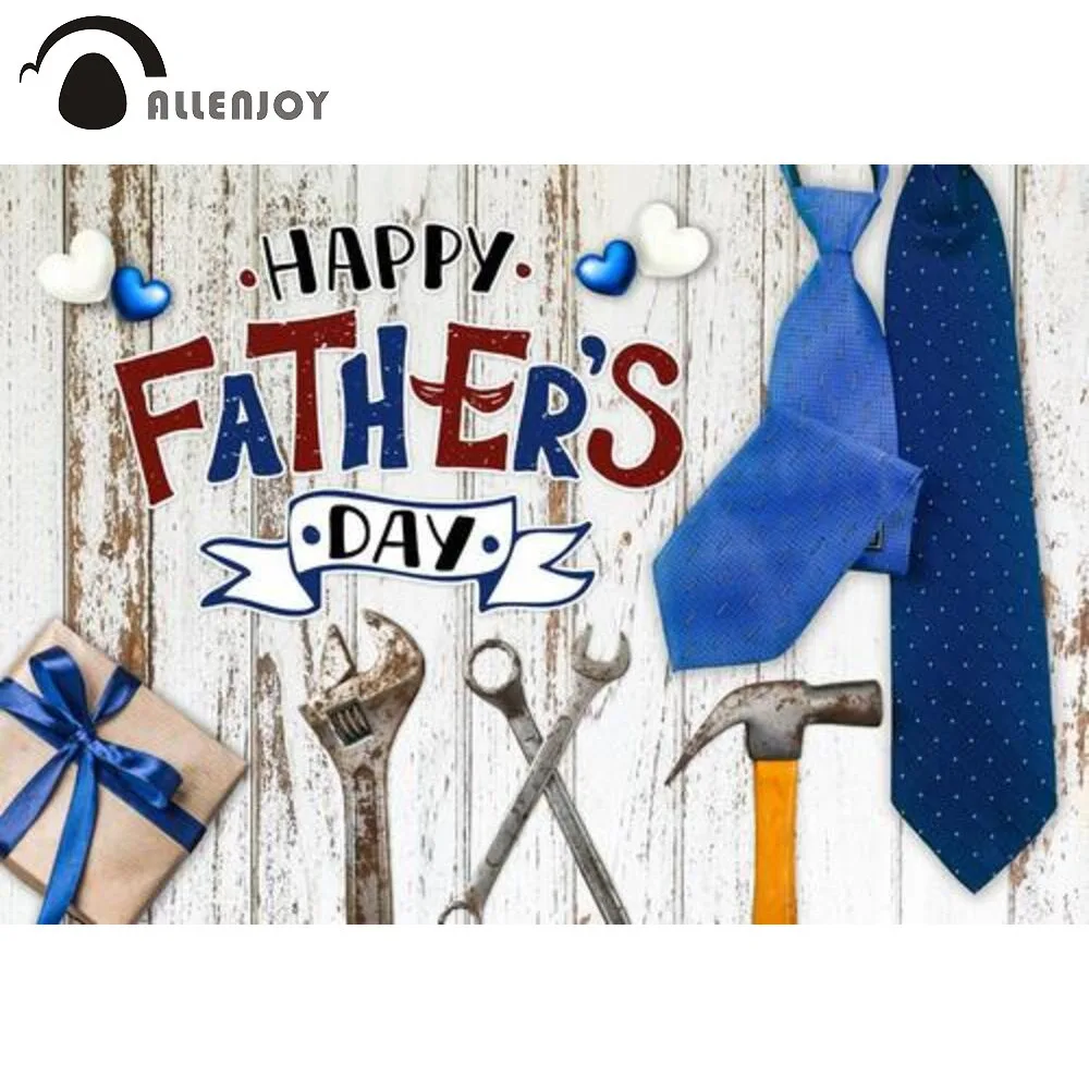 

Allenjoy Happy Father's Day Party Background Wood Rustic Tie Blue Love Heart Tool Family Man Birthday Photography Props Backdrop