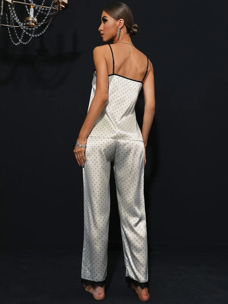 Spring Women's Loungewear Thin Casual Polka Dot Printed Loose 2 Piece Set Pajamas Sling Long Pants Nightwear Female Home Service