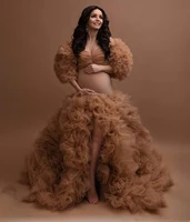 champagne mermaid maternity robe photo shoot dress sheer tulle long ruffle sleeve baby shower women dresses maternity gowns
