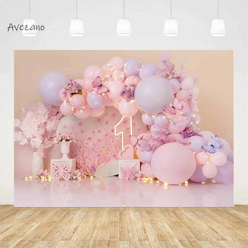 

Avezano Background for Photography Pink Flowers Balloon Girl 1st Birthday Party Cake Smash Portrait Backdrop Photo Studio Decor