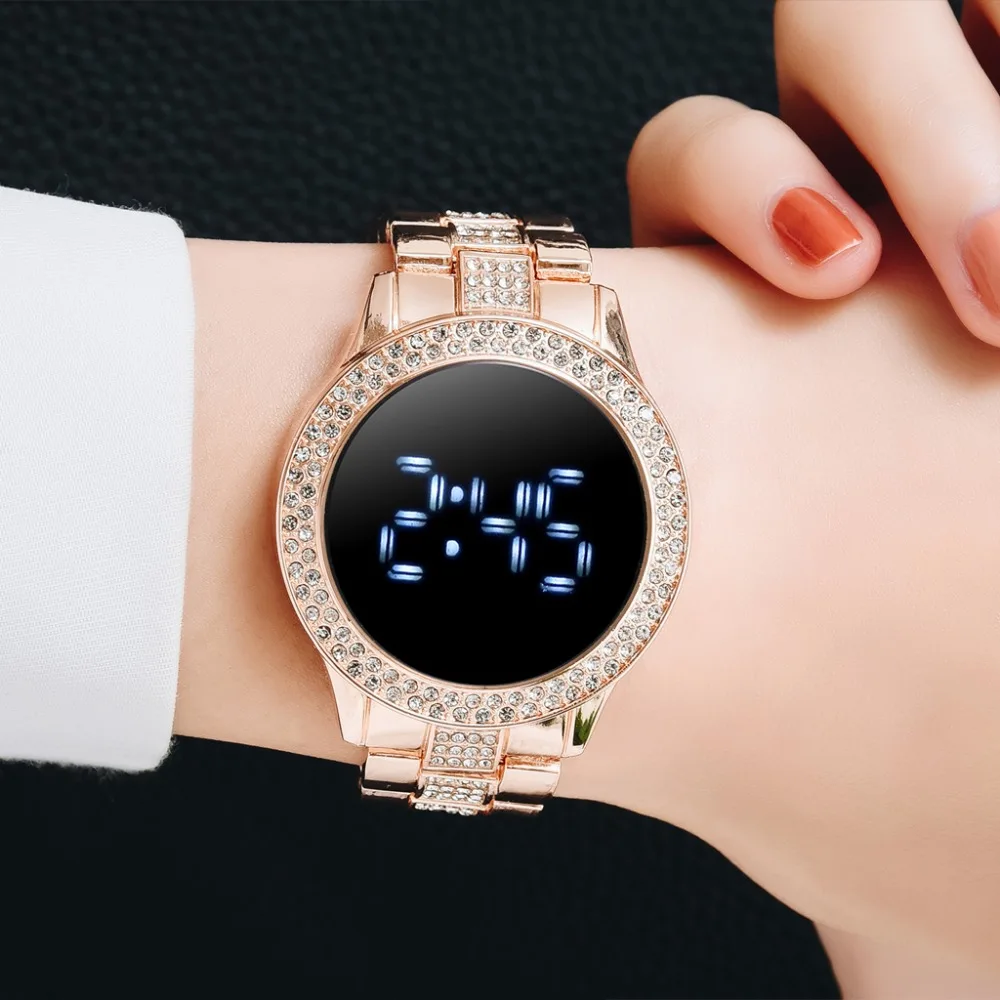 LED Digital Watches for Women Luxury Rose Gold Stainless Steel Diamond-set Dial Magnet Dress LED Quartz Watch Relogio Feminino images - 6