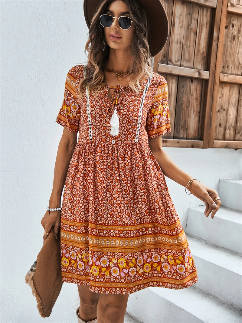 

Модное женское праздничное платье Gaovot с принтом, элегантное ТРАПЕЦИЕВИДНОЕ ПЛАТЬЕ с короткими рукавами и кисточками, повседневное богемное платье для девушек