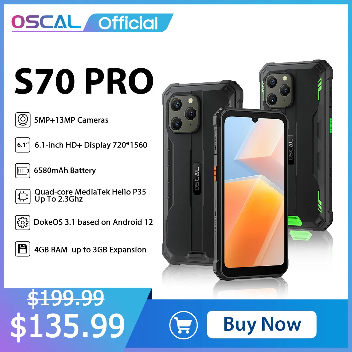 OSCAL S70 PRO, 6,1-дюймовый HD+ дисплей, восьмиядерный процессор MTK Helio P35, 7 ГБ (4 ГБ + 3 ГБ) ОЗУ, 64 ГБ ПЗУ, аккумулятор 6580 мАч, задняя камера 13 МП, Andriod 12, OTG, Google Play