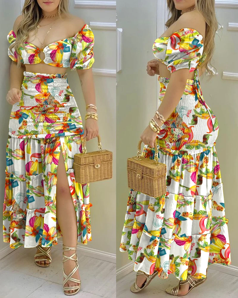 

2022 Summer Fashion Holiday Floral Print O-Neck Crop Top Shirr Slit High Waist Women Maxi Skirt Sets Suit Skirt Two Piece Set