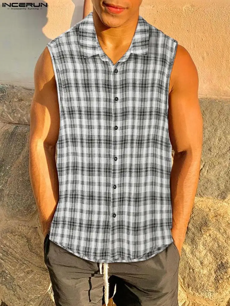 

INCERUN Men Casual Shirt Plaid Lapel Sleeveless Button 2022 Breathable Camisas Streetwear Retro Summer Loose Men Clothing S-5XL