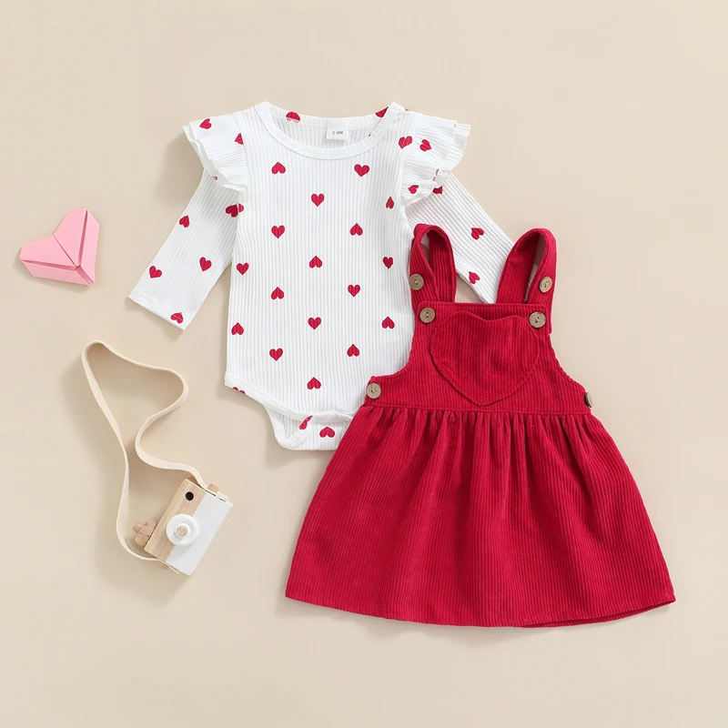 

Valentine's Day Infant Baby Girl's Two-Piece Suit Heart Pattern Ruffle Long Sleeve O-Neck Romper tops+Corduroy Suspender Skirt