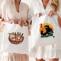 womens reusable shopping bags canvas shoulder bag ladies fashion handbags storage bag japan cat pattern casual tote for girls