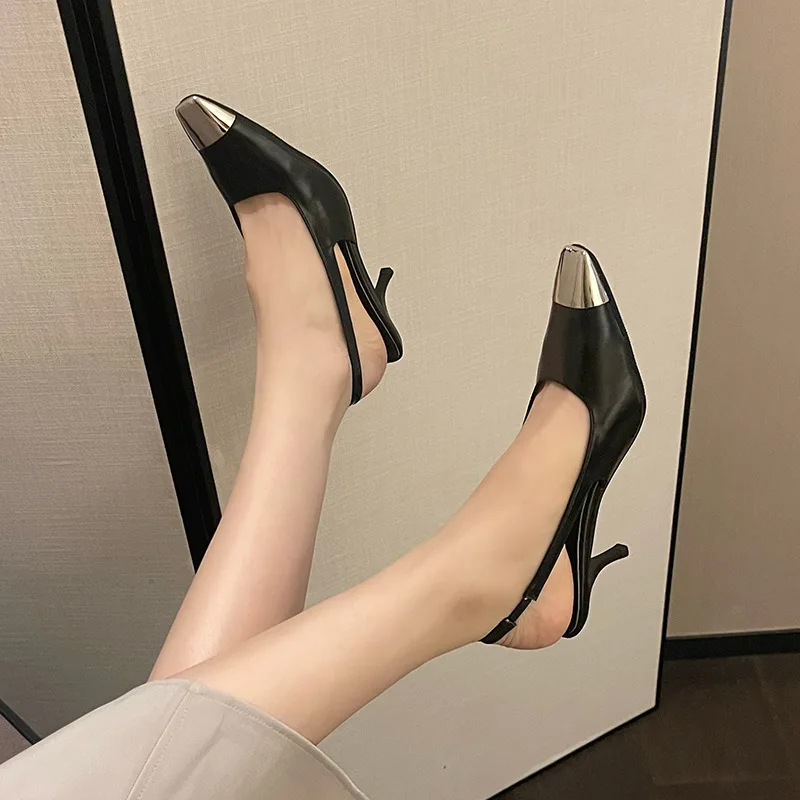 

Low Sandals Woman Leather High Heels Suit Female Beige Shoes Closed Toe Shallow Mouth Low-heeled High-heeled Elastic Band Black