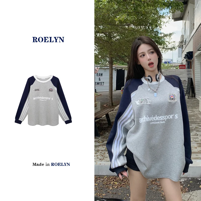 

Новинка, популярное осеннее платье ROELYN2023, свитер контрастных цветов в американском стиле, женское Свободное пальто с круглым вырезом и буквенным принтом и длинным рукавом