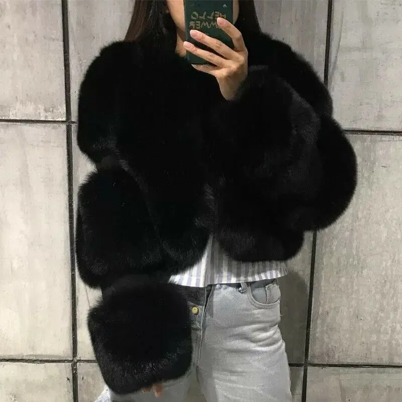 Black Imitation Leather Fox Fur Jacket Short Women 2023 Winter Outwear Thick Warm Faux Fox Fur Coats Plus Size Fluffy Overcoats