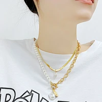women retro design double titanium steel chain french stitching pearl texture snake bone chain necklace pendant
