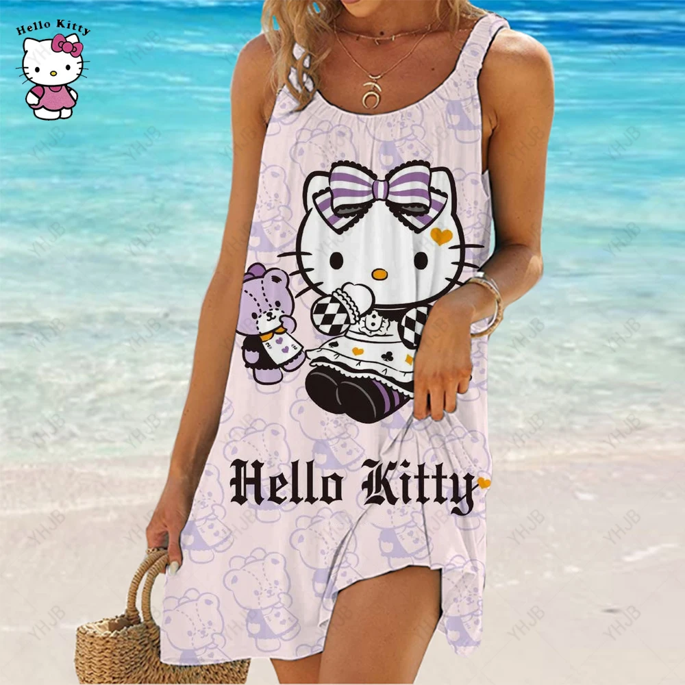 

Женское платье с рисунком Hello Kitty, элегантное свободное пляжное платье без рукавов в стиле японского аниме, богемное платье для отдыха, лето