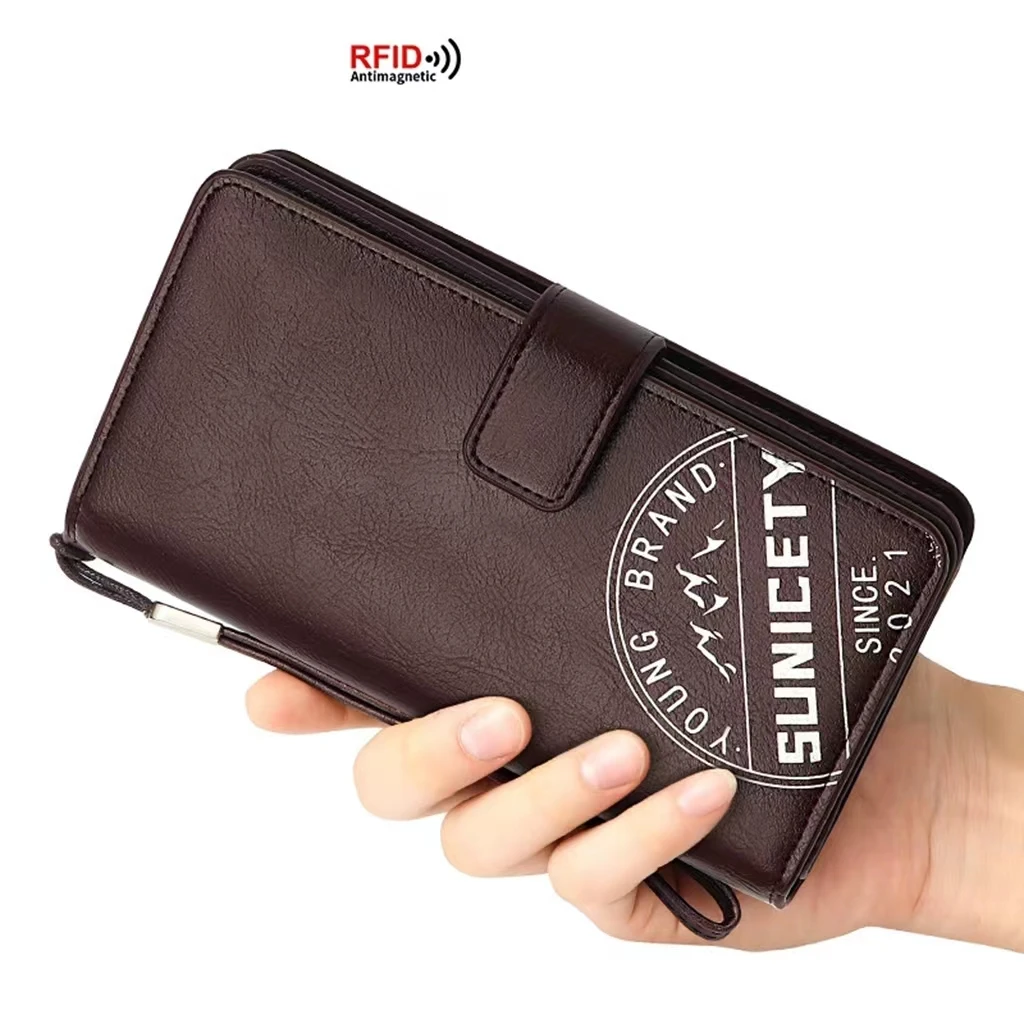 Travel Business New High-Quality Leather RFID Anti-Theft Brush Multi Functional Long Simple Zipper Men's Wallet