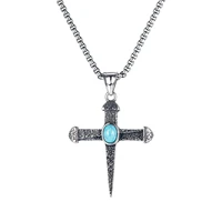 retro chic personality cross titanium steel punk blue turquoise stainless steel necklace for men
