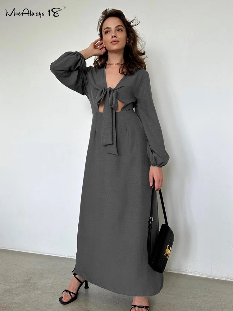

Mnealways18 Sexy Crepe Hollow Out Long Dresses Gray Lace-Up Women Irregular A-Line Dress High Street Lady Midi Dress Autumn 2023