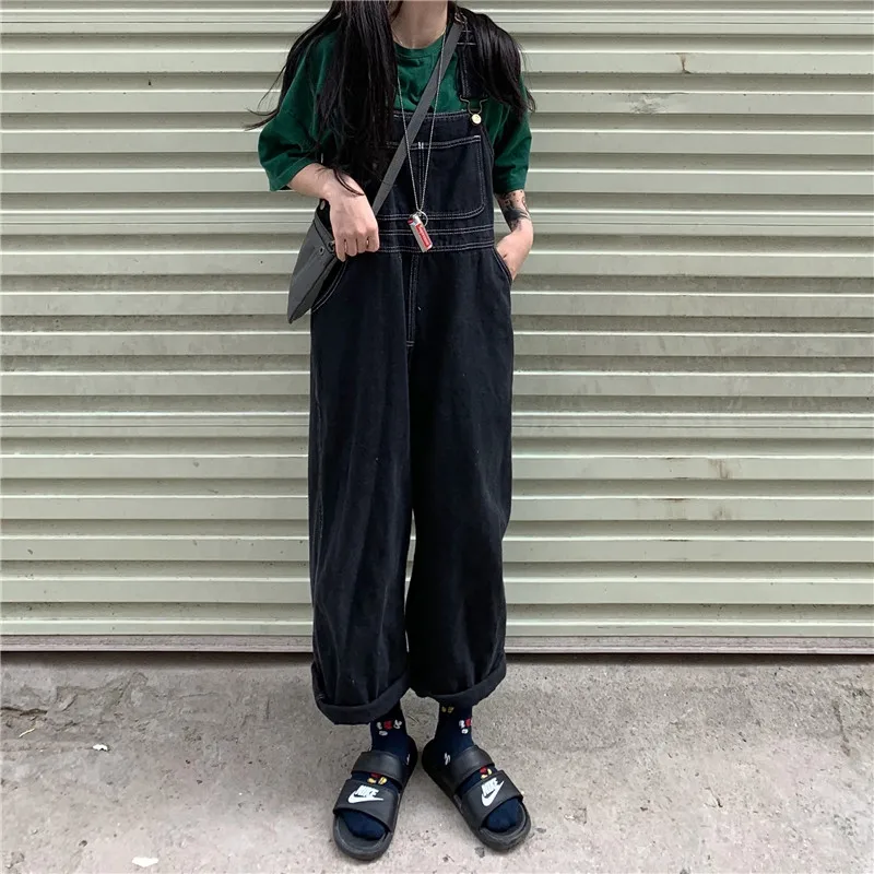 Women Denim Jumpsuit Japanese Vintage Loose Black Jumpsuit Oversized Wide Leg Overalls for Women Harajuku 2022 Summer Spring