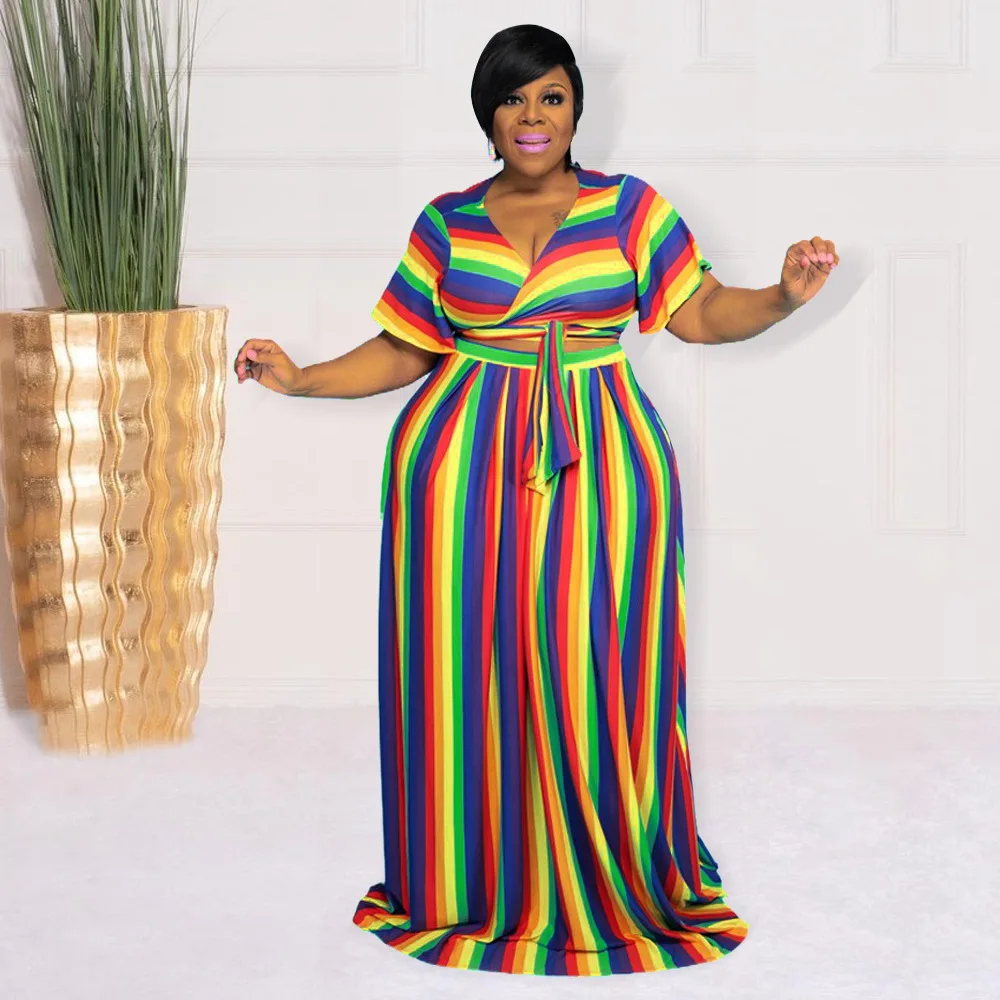 Plus Size Women Sets Striped Print Shirts and Dresses 2022 Summer Fashion Two Piece Set Sexy Female Casual Bandage Outfits