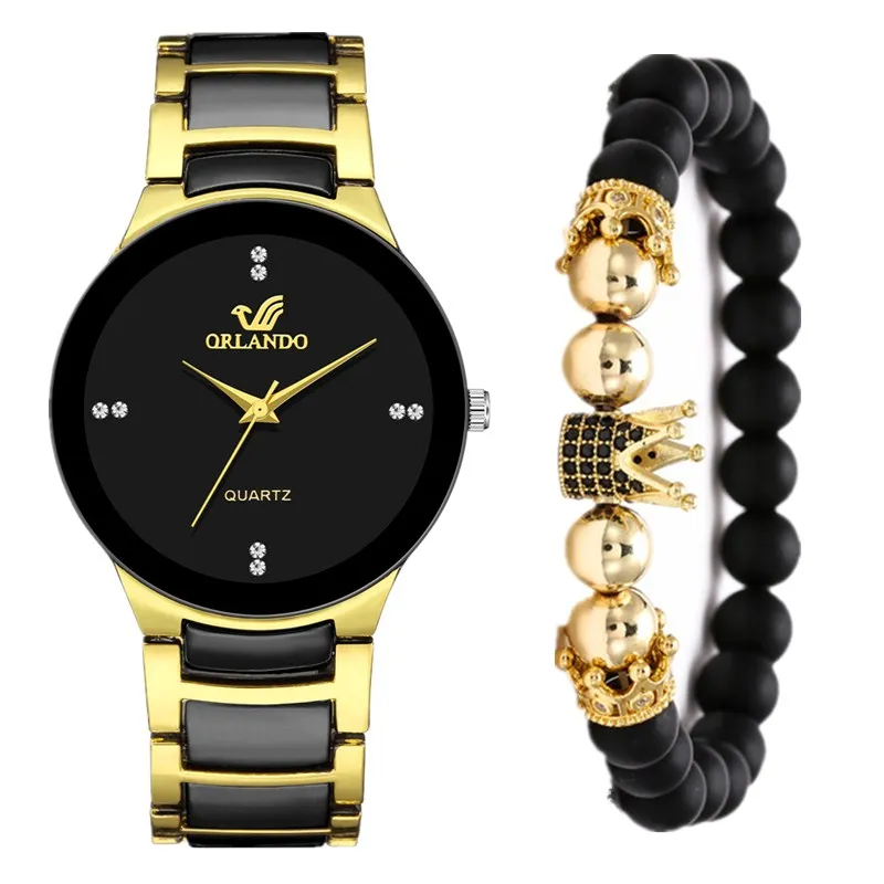 

Fashion Watch and Bracelet Set Men's 2023 New Arrival Fashion Stainless Steel Quartz Watches Luxury Gold Black Male Clock Saat