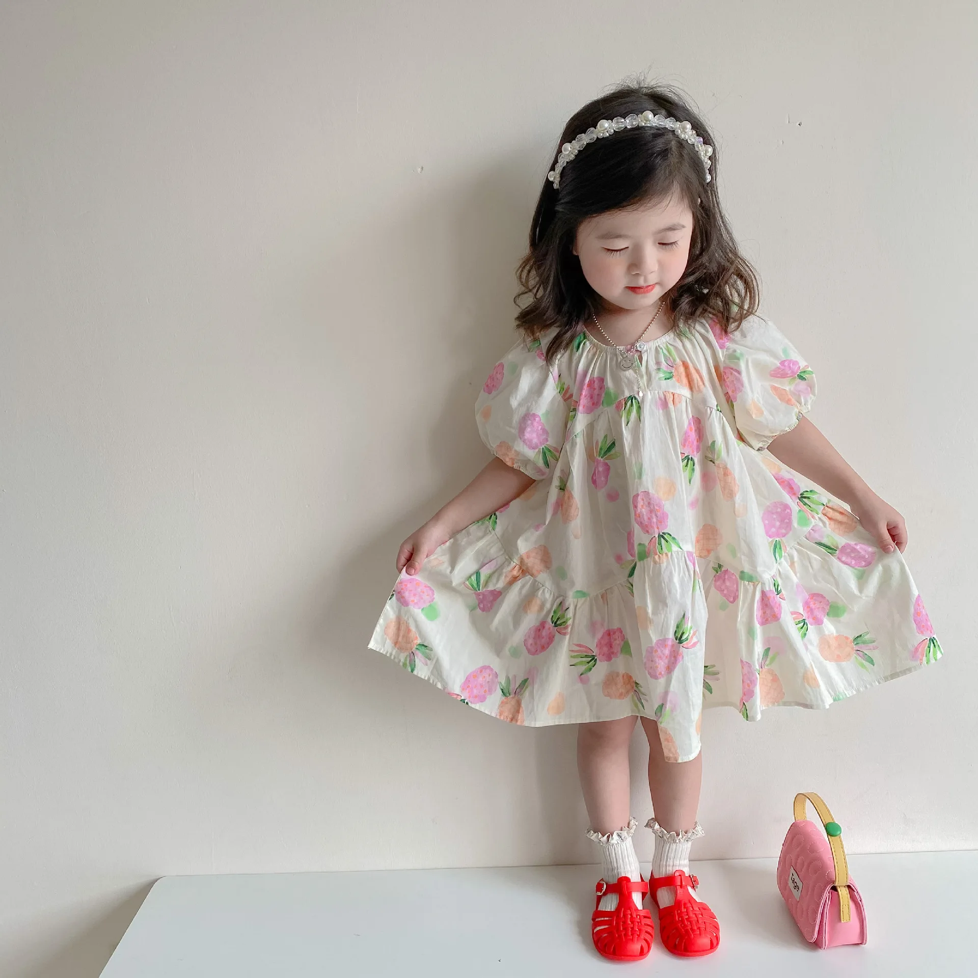 

Spring/summer 2022 New Korean Edition Girls Bubble Sleeve Printed Fresh Short Sleeve Dress Princess Dress