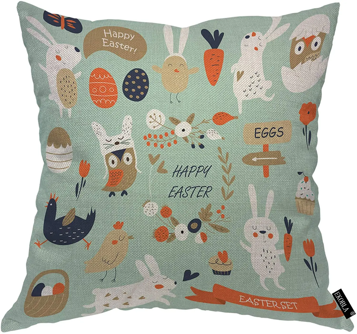 

Happy Easter Throw Pillow Covers Cute Bunnies Chickens Owls Eggs Animal Carrot Cupcake Decorative Square Cushion Case