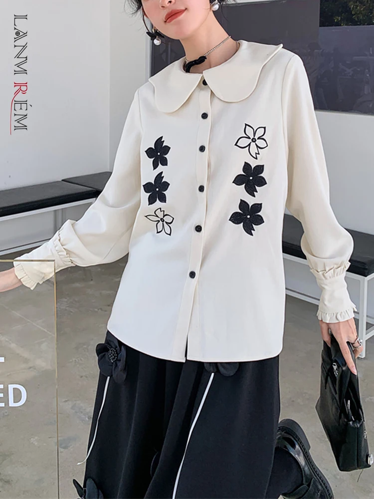 

LANMREM рубашка с воротником Питер Пэн для женщин с вышитыми цветами и длинным рукавом, однотонные Топы 2022, Весенняя женская одежда 2N245