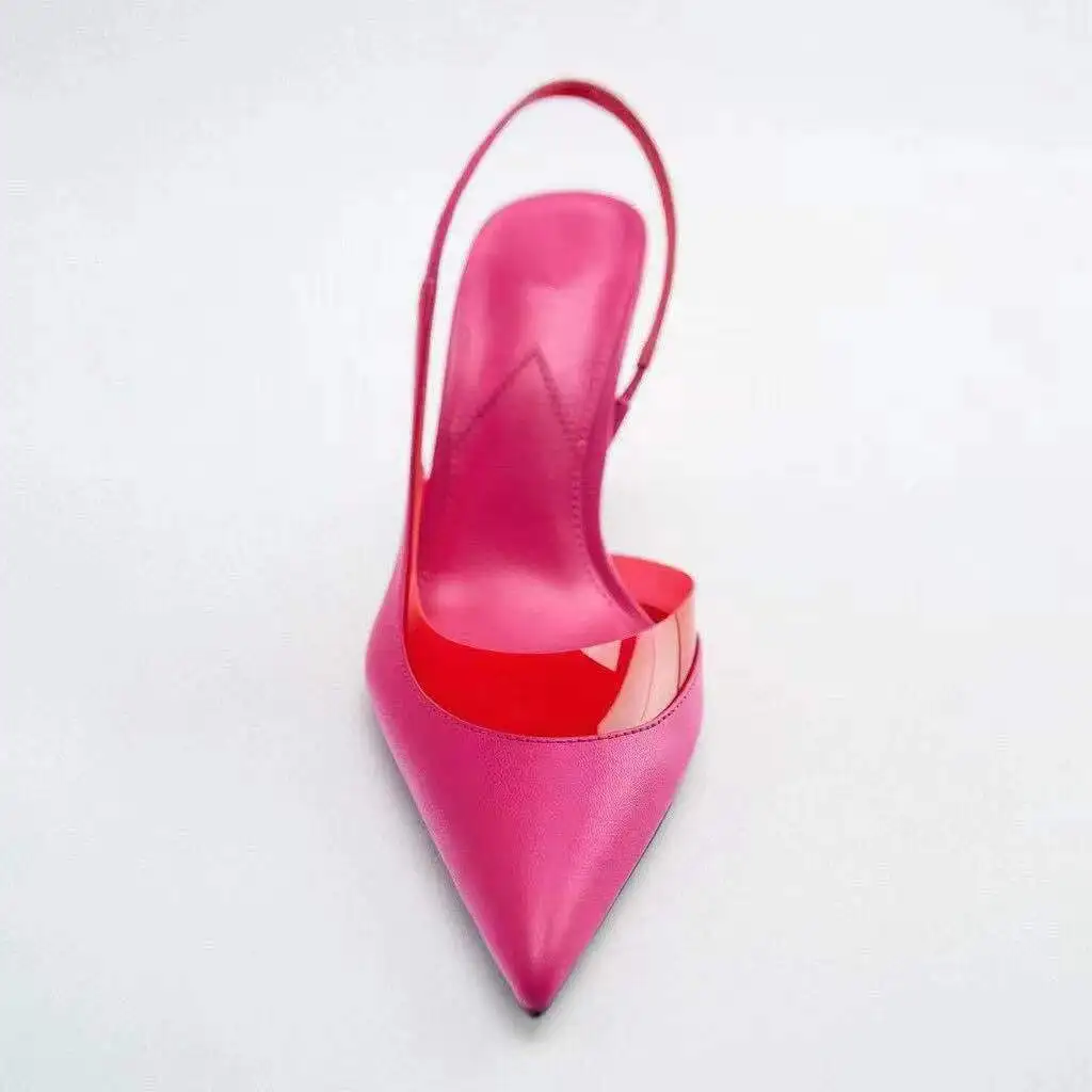 

ZARZ 2022 Summer New Fashion Rose Red Single Shoes Women PVC Stitching Pointed Toe High Heels Sexy Stiletto Sandals Pumps Woman