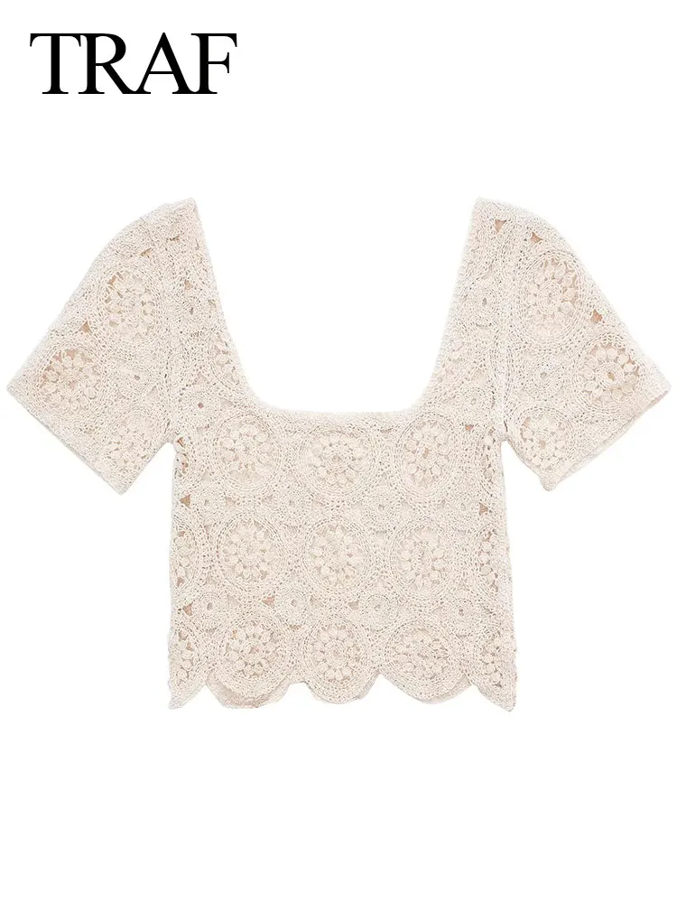 

TRAF Elegant Hollow Women's Pullover Top Solid Beige Flower Square Neck Short Sleeve Cotton Soft Skin-Friendly Lace Hem Vest