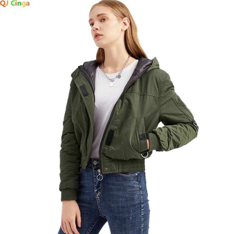 

Autumn and Winter Women's Hooded Jacket Red Green Pink Coat Women Fashion Loose Long Sleeve Short Jacket Casual Cotton Outerwear