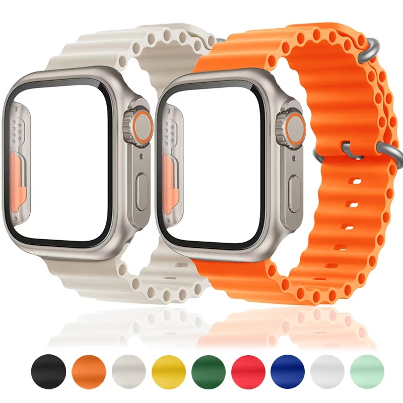 

Glass+Case+Strap For Apple Watch band 45mm 44mm 41mm 40mm bracelet correa iWatch serie 4 5 6 se 7 8 Change to Ultra Ocean strap