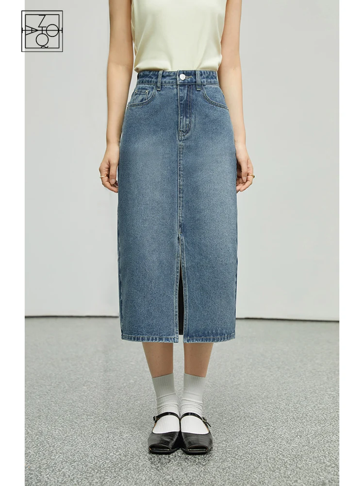 

Джинсовая юбка ZIQIAO для женщин, прямая Тонкая Повседневная юбка средней длины с завышенной талией, с разрезом, в стиле ретро, для ранней осени