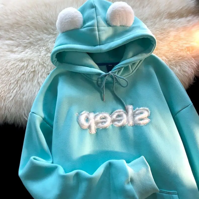 

Y2k Cute Bear Ears Oversized Hooded Sweatshirt Female Winter Plus Velvet Thickening Couple Loose 2022 New Couple Sweatshirt Goth
