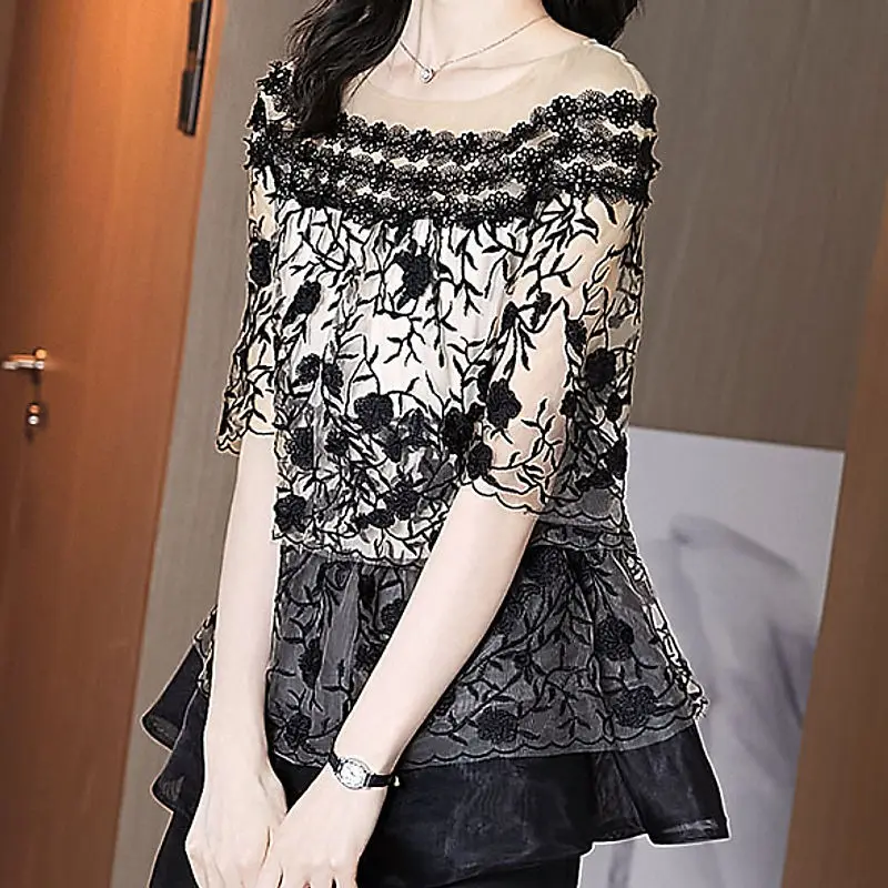 2021 spring and summer women's new embroidery beaded loose mesh womens tops  puff sleeve top  tops  Chiffon