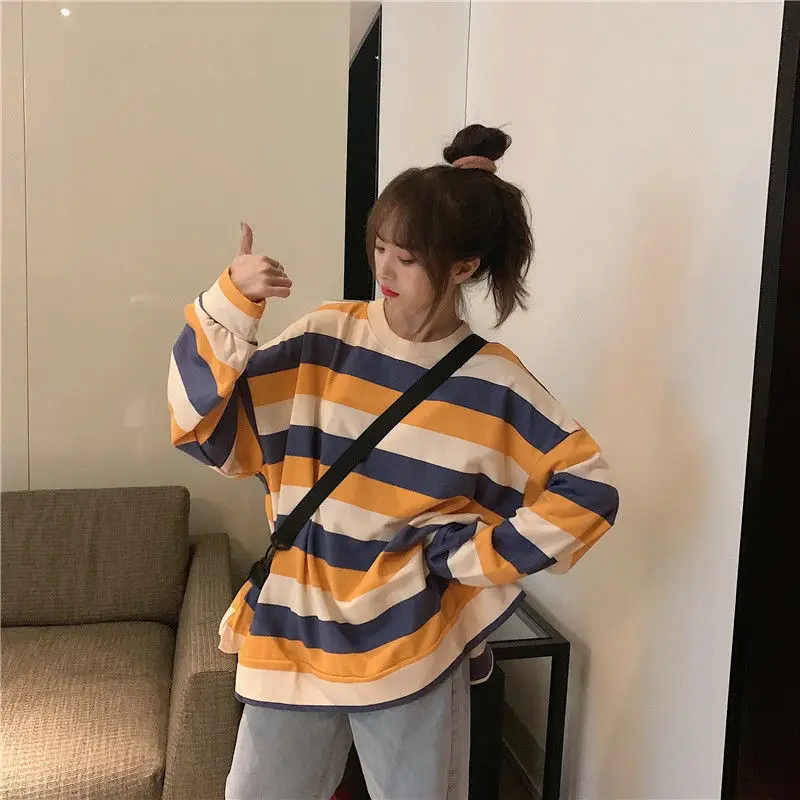 Свитшот женский в полоску модный универсальный Свободный Повседневный