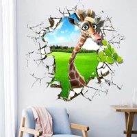 3d broken wall funny giraffe lawn wall stickers living room bedroom kids room decorative painting home background decor poster