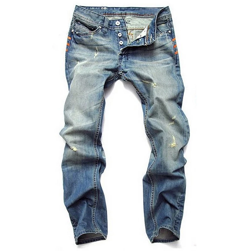 

Men's Light Blue Distressed Washed Denim Jeans Fashion Vintage Straight Slim Fit Hommes Cowboys Trousers Button Male Jean Pants