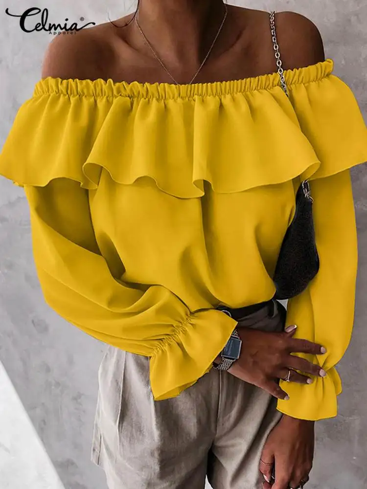 

Женские пикантные блузки Celmia с открытыми плечами, элегантные однотонные туники 2022, летняя уличная одежда, плиссированные блузы, женские топ...