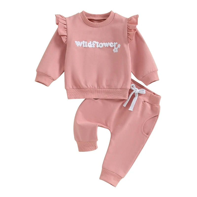 

Toddler Girl Fall Clothes Fuzzy Letter Print Long Sleeve Ruffled Sweatshirt Solid Color Pants with Strap 2 Pcs Outfit
