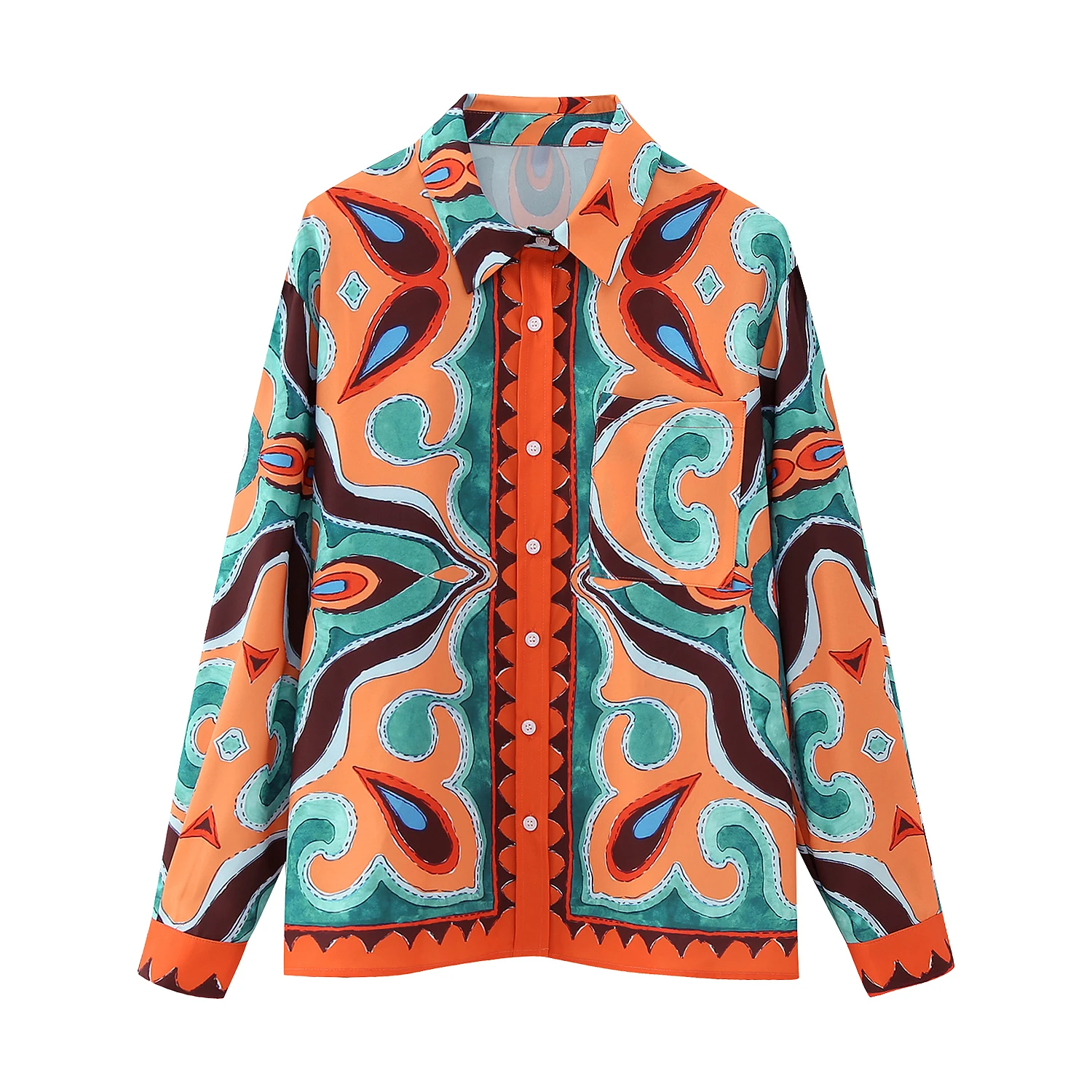 

BMZRLJY 2023 New European And American Style Retro Fashion Lapel Loose Slim Long Sleeve Printed Satin Texture Shirt For Women