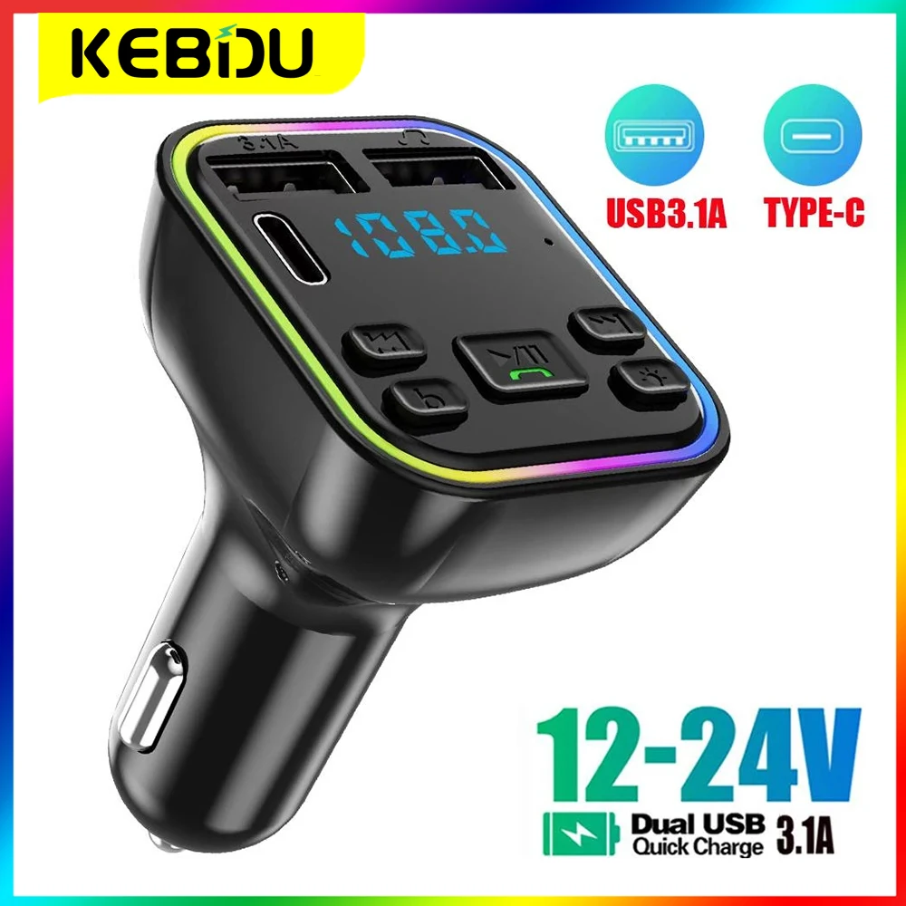 

Charger Car Hands-free Bluetooth 5.0 PD FM Transmitter Dual USB 3.1A Fast Charger Type-C Colorful Car Modulator Kit MP3 Player