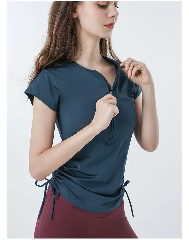 

Short Sleeves T-Shirt with Zipper in Front Sportswear Female Yoga Tops Gym Wear Fitness Clothes Women Running Suits S22067
