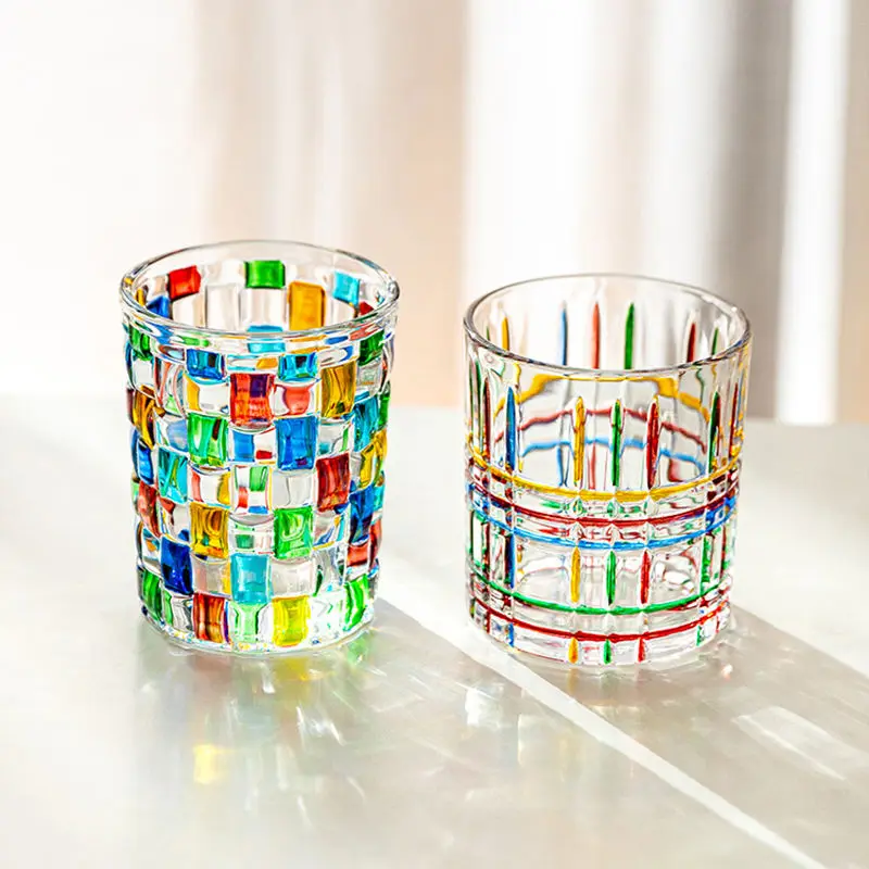 

Стакан высокого качества цветной винтажный тисненый стеклянный стакан тканый квадратный высококачественный термостойкий стакан для питьевой воды