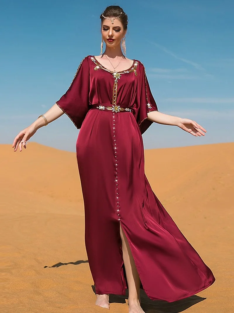 Rhinestone Evening Kaftan Women Off Shoulder Moroccan Party Caftan Satin Dress Hem Slit Muslim Arab Dubai Abaya Banquet Ramadan