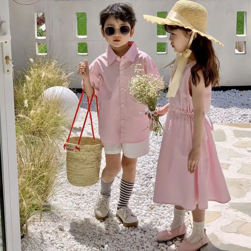 

MILANCEL 2022 Summer New Kids Set Cotton Pink Dress Shirt + Shorts Boys Tops Children Clothes Suit 1-7Y