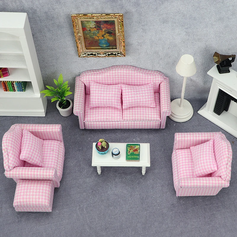 

1:12 Dollhouse Miniature Pink Sofa with Pillows For Dolls House Furniture Room Decor