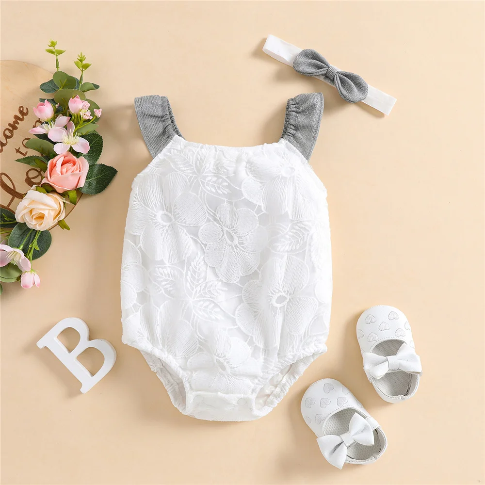 

Baby Girls Lace Patchwork Romper Infant Kids Floral And Leaves Embroidery Sleeveless Bodysuits Headdress Clothing