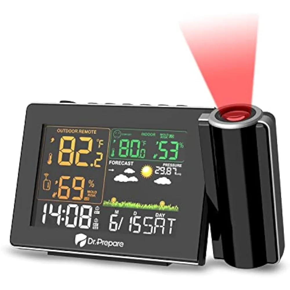 

Dr. Prepare Projection Alarm Clock, Adjustable Projection Focus, Wireless Indoor Outdoor Temperature Humidity Monitor