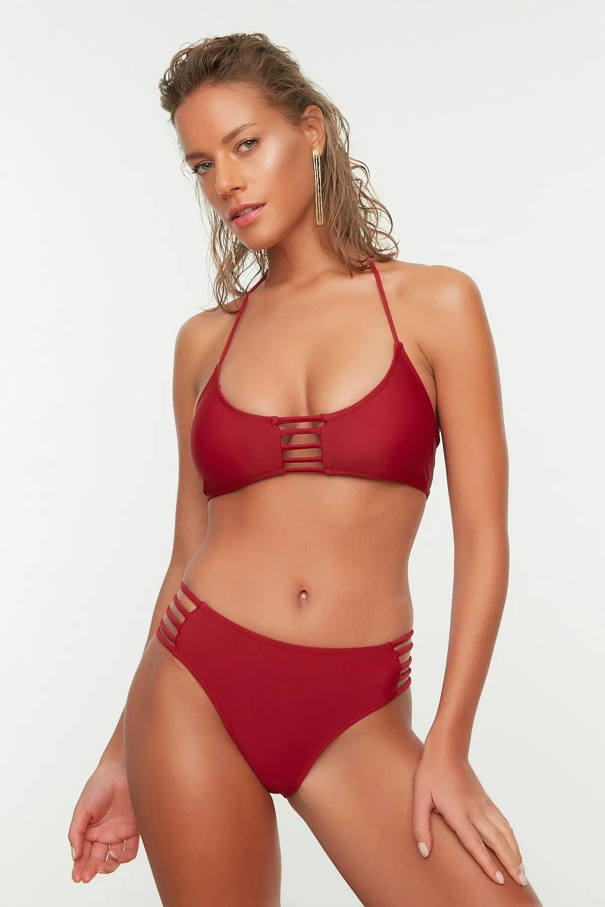 

Women's Bikini Claret Red Piping Detailed Bikini Set Swimwear Lady Swimsuit Sexy Bikini 2022 New Push Up Bikini Set Suit Suit