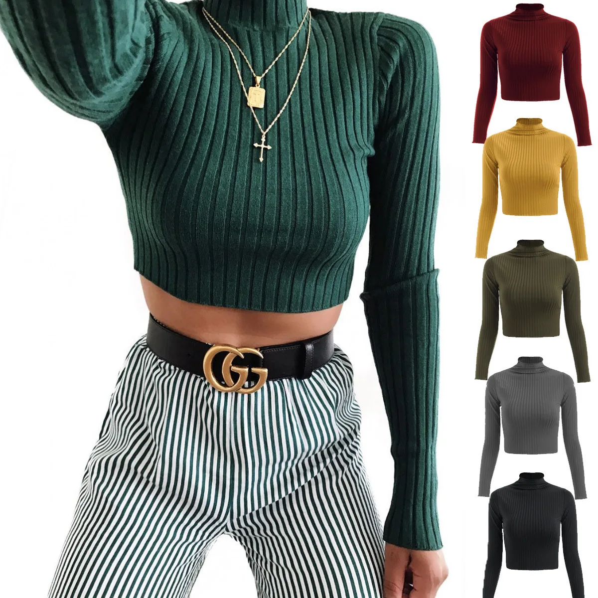 

Turtleneck Sweaters Sexy Navel Bare Cropped Tops Women Autumn Winter Ribbed Jummers Lady Knitted Pullovers Short Solid Sweaters