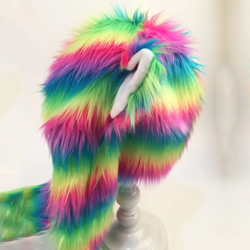 Новый стиль 3 в 1 для женщин и девочек Радуга пушистые плюшевые волчьи уши шапка с