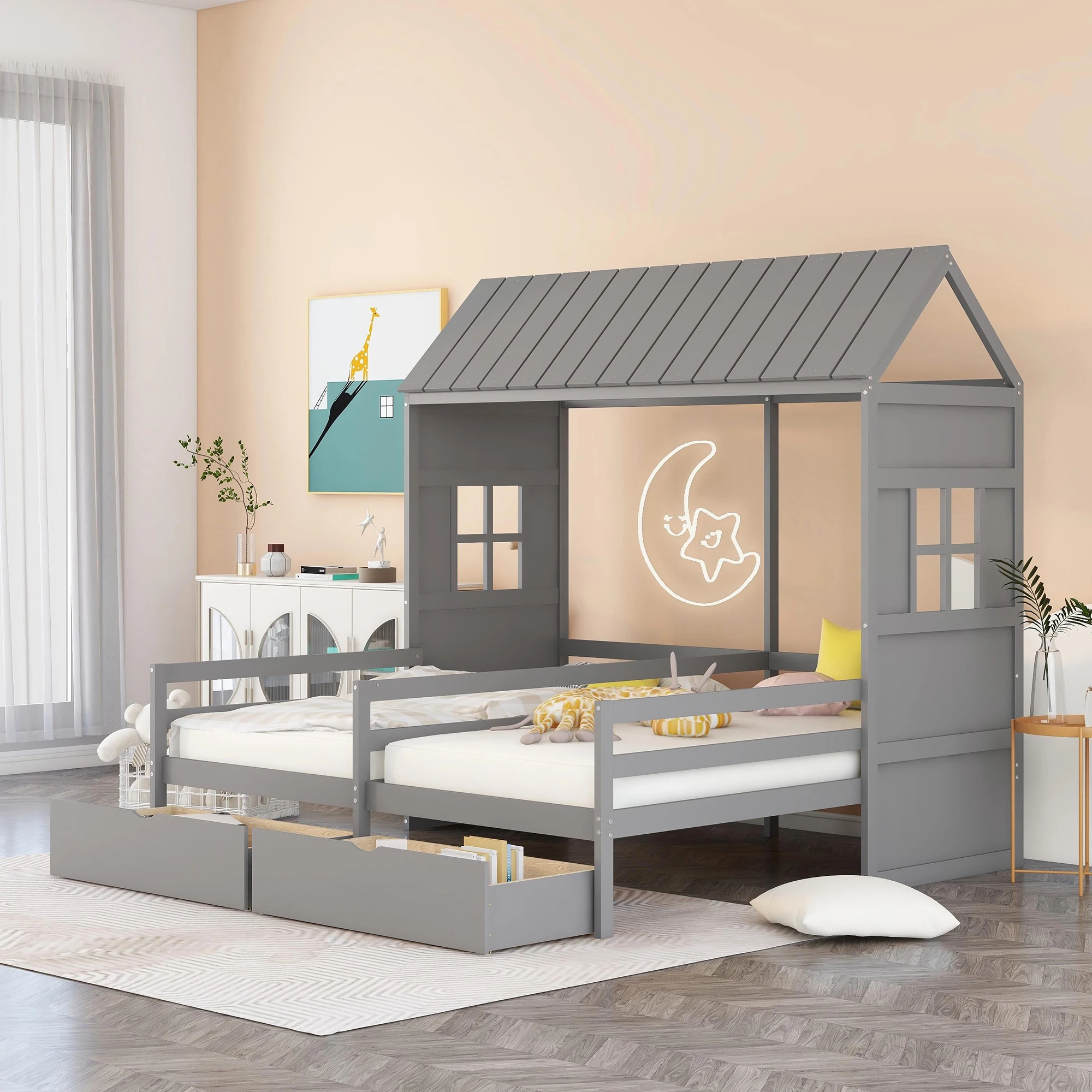 

(US Stock) Twin Twin House Bed with 2 Drawers